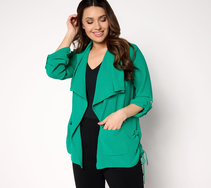 Susan Graver Regular Crinkled Woven Drape Front Cardigan — View 15