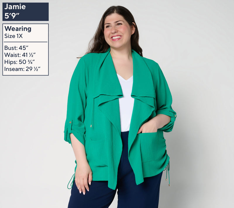 Susan Graver Regular Crinkled Woven Drape Front Cardigan — View 4