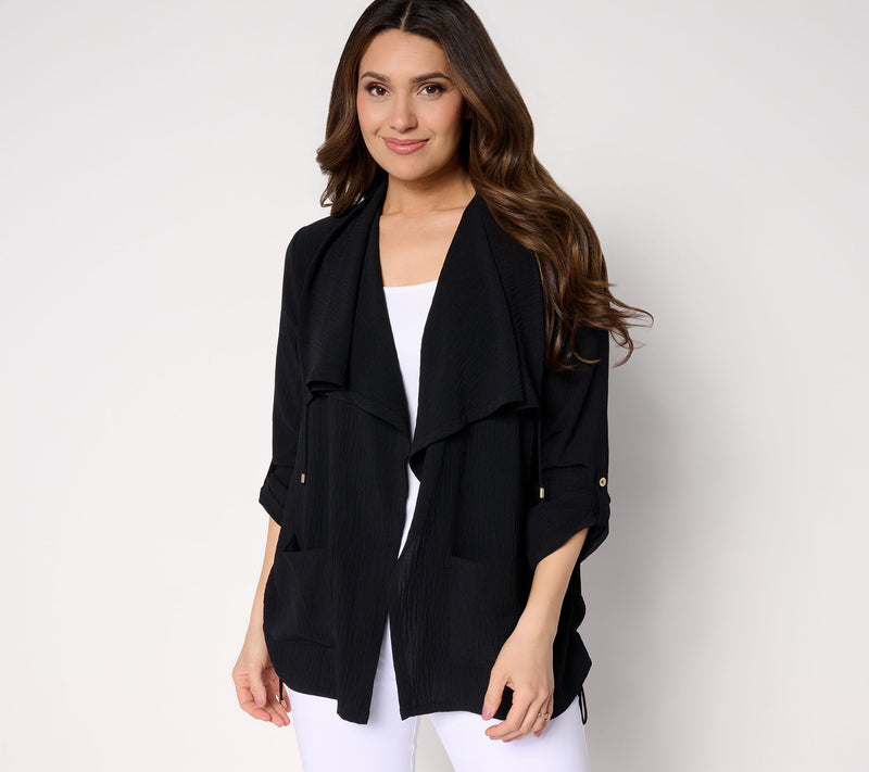 Susan Graver Petite Crinkled Woven Drape Front Cardigan — View 3