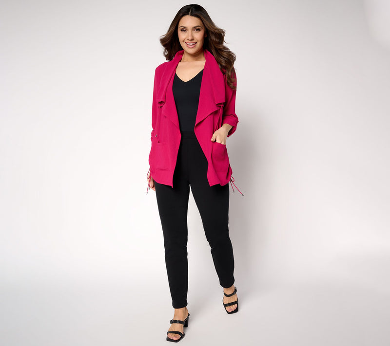 Susan Graver Petite Crinkled Woven Drape Front Cardigan — View 15