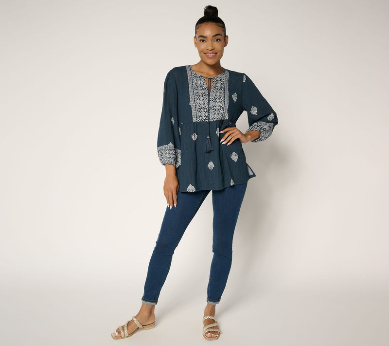 Susan Graver Passport Regular Printed Textured Sheer Woven Tunic — View 5