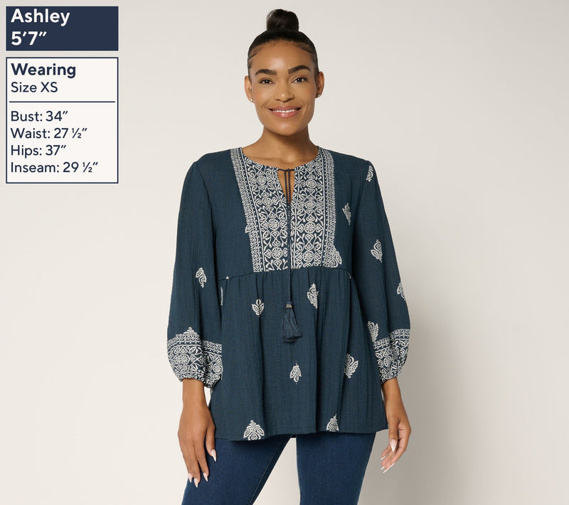Susan Graver Passport Petite Printed Textured Sheer Woven Tunic — View 9