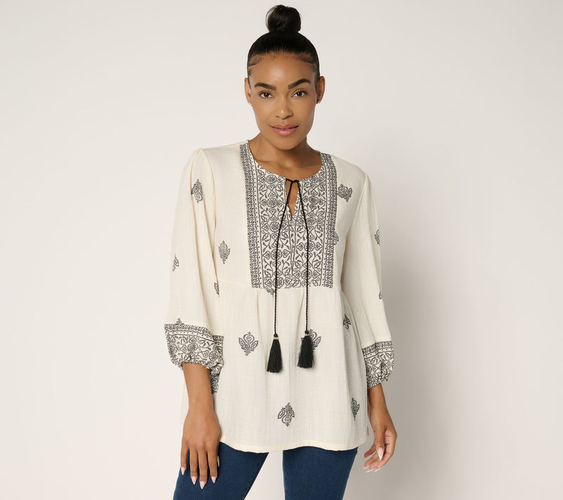Susan Graver Passport Petite Printed Textured Sheer Woven Tunic — Main view