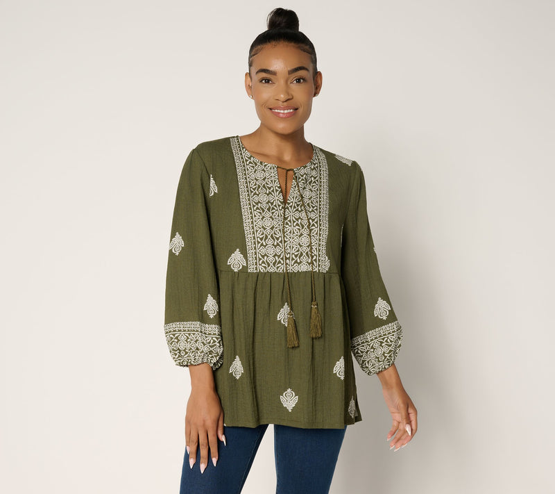 Susan Graver Passport Petite Printed Textured Sheer Woven Tunic — View 7