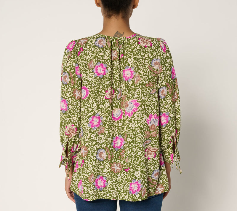 GRAVER Susan Graver Printed Pleated Woven Blouse w/ 3/4 Tie Sleeves — View 4