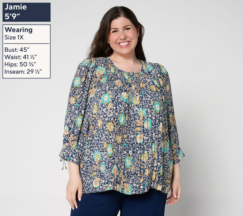 GRAVER Susan Graver Printed Pleated Woven Blouse w/ 3/4 Tie Sleeves — View 2