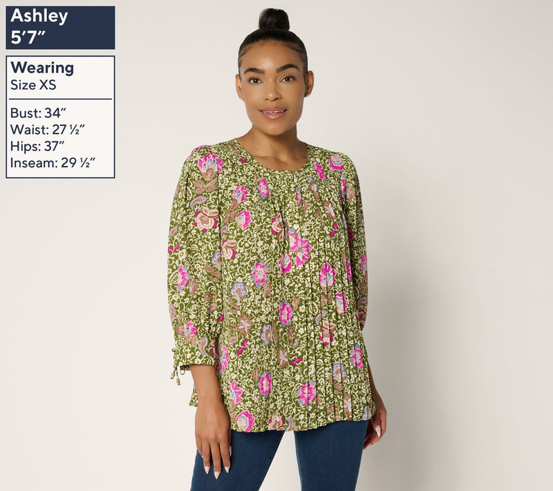 GRAVER Susan Graver Printed Pleated Woven Blouse w/ 3/4 Tie Sleeves — View 3