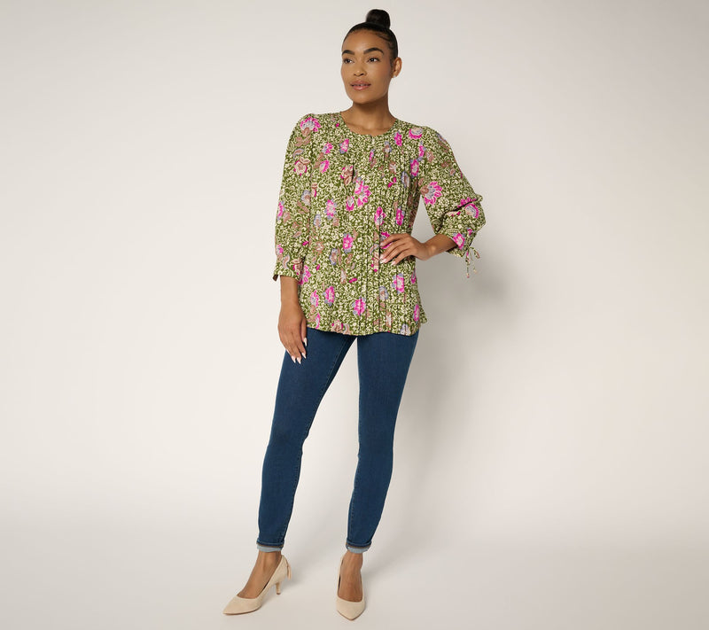 GRAVER Susan Graver Printed Pleated Woven Blouse w/ 3/4 Tie Sleeves — View 5