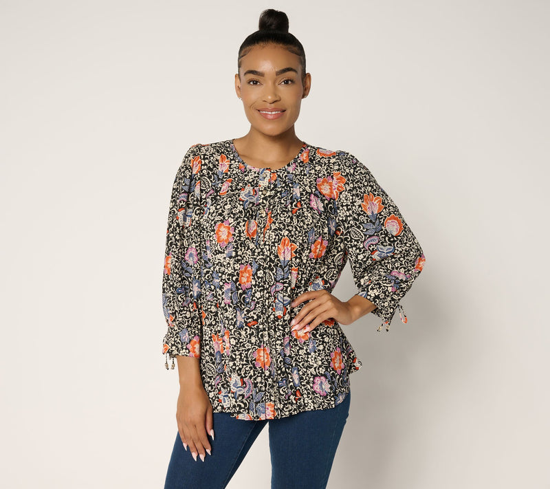 GRAVER Susan Graver Printed Pleated Woven Blouse w/ 3/4 Tie Sleeves — View 11