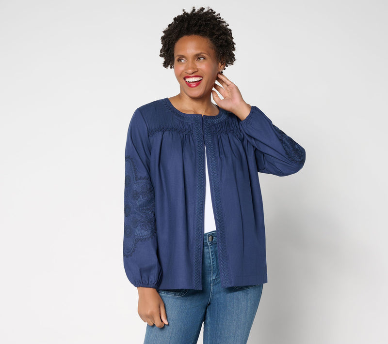 Susan Graver Weekend Washed Twill Embroidered Jacket — View 5