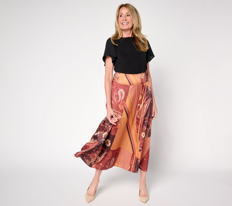 Susan Graver Petite Printed Satin Midi Skirt — View 5