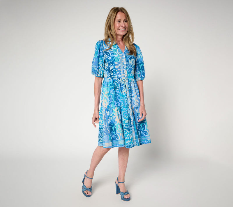 Susan Graver Petite Printed St. Tropez Button Front Dress — View 9