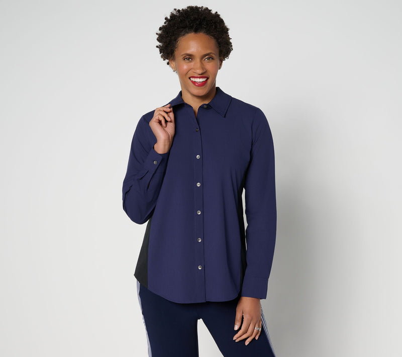 Women with Control Poplin Button Front Shirt with Color Blocking — Main view