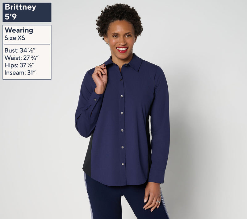 Women with Control Poplin Button Front Shirt with Color Blocking — View 3