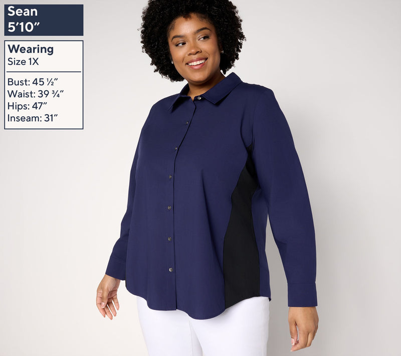 Women with Control Poplin Button Front Shirt with Color Blocking — View 2