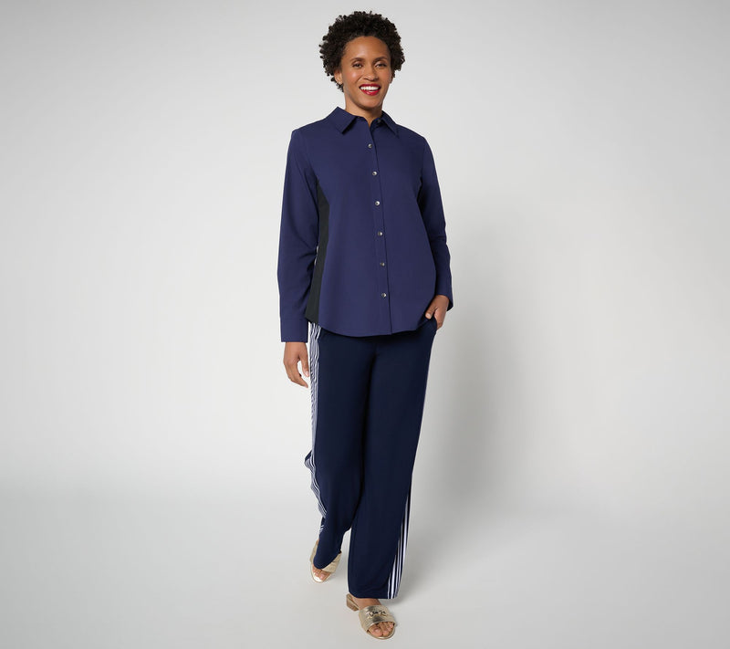 Women with Control Poplin Button Front Shirt with Color Blocking — View 5