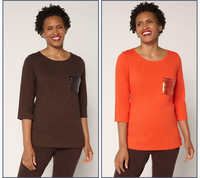 Quacker Factory Set of 2 Sequin Pocket 3/4 Sleeve Tops — Main view