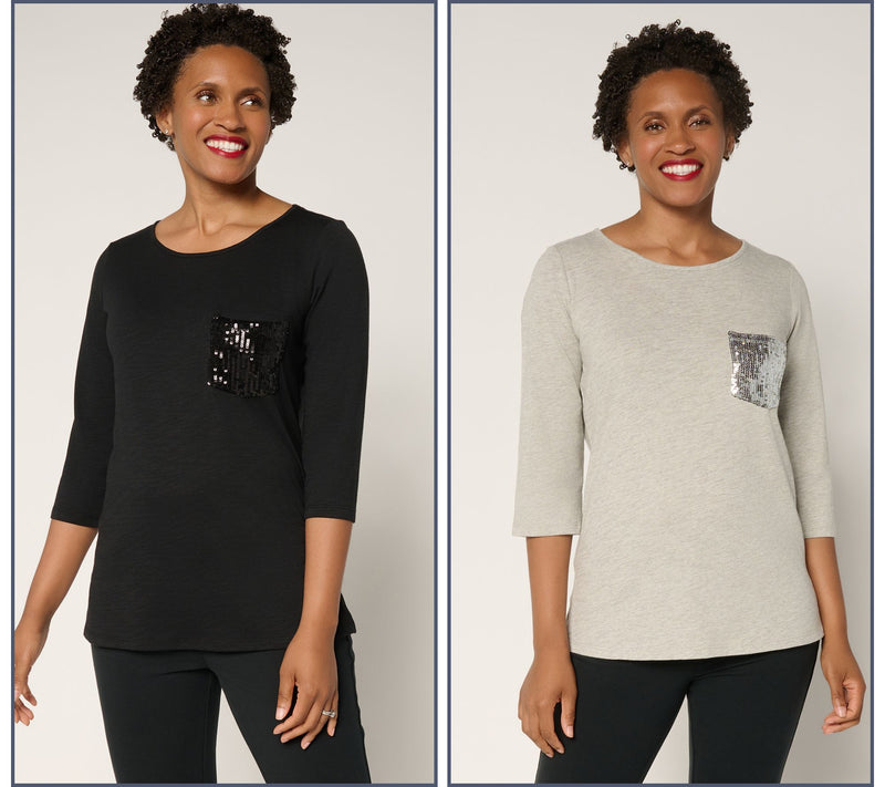 Quacker Factory Set of 2 Sequin Pocket 3/4 Sleeve Tops — View 5