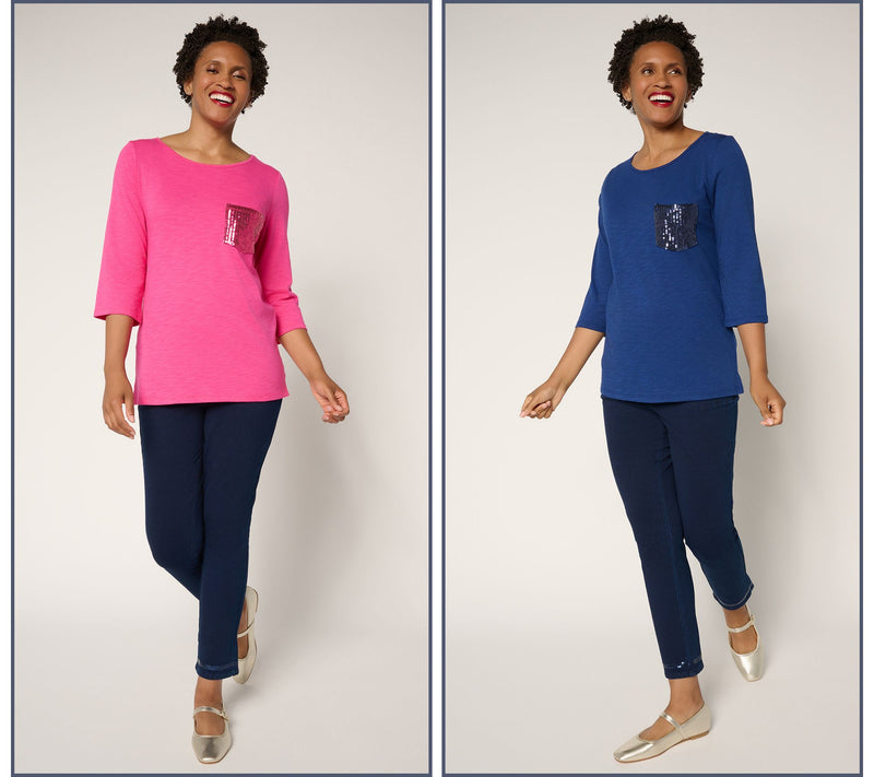 Quacker Factory Set of 2 Sequin Pocket 3/4 Sleeve Tops — View 11