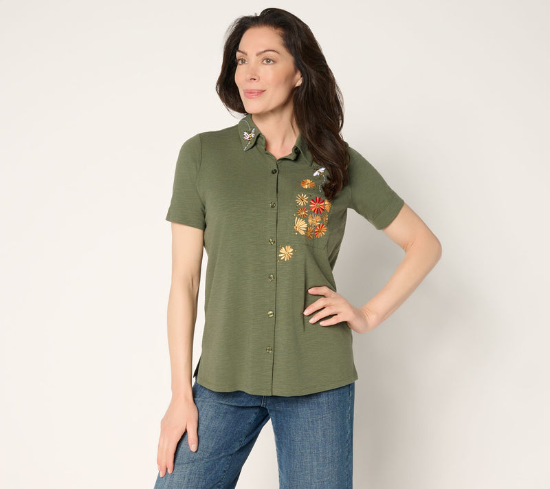 Quacker Factory All a Buzz Knit Short Sleeve Button Front Shirt — View 10