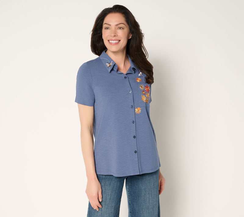 Quacker Factory All a Buzz Knit Short Sleeve Button Front Shirt — View 11