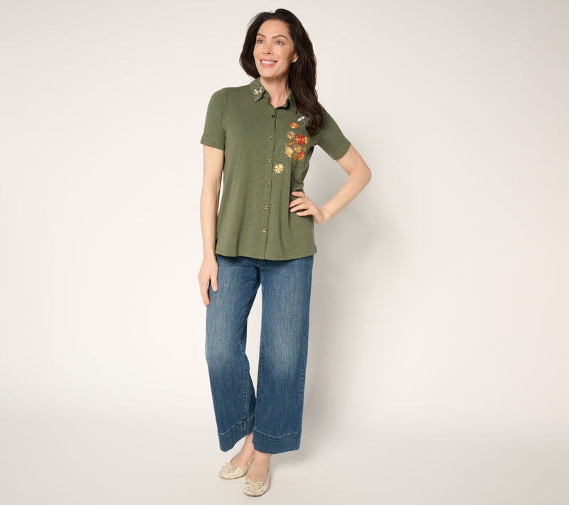 Quacker Factory All a Buzz Knit Short Sleeve Button Front Shirt — View 5