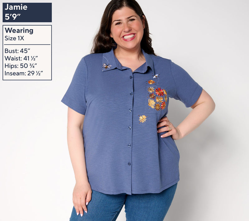 Quacker Factory All a Buzz Knit Short Sleeve Button Front Shirt — View 2