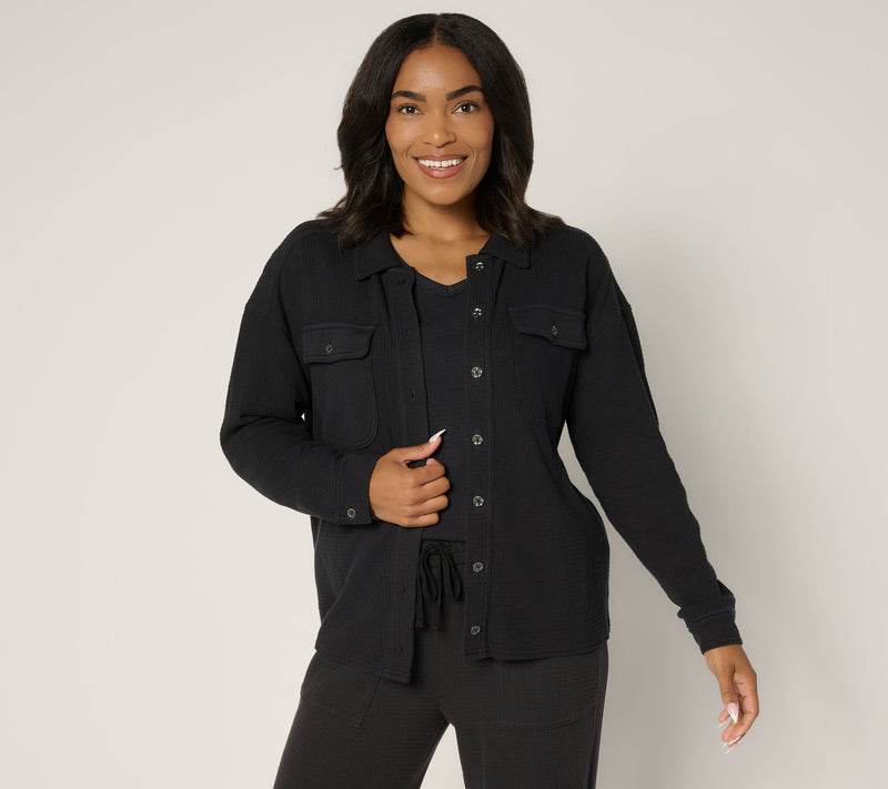 AnyBody Washed Waffle Knit Button Front Top — View 10