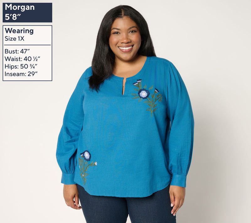 BEAUTIFUL by Lawrence Zarian 100% Cotton Applique Detail V-Neck Blouse — View 2
