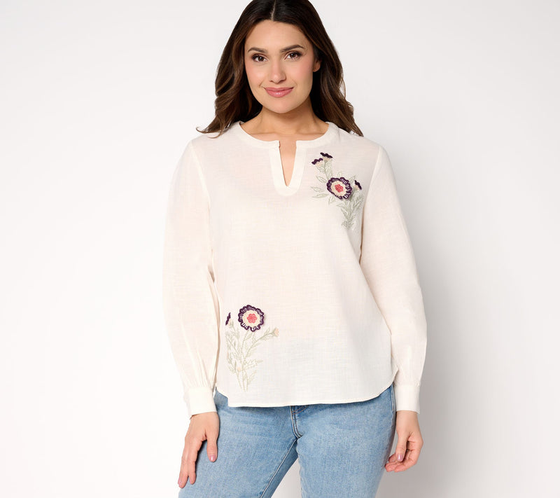 BEAUTIFUL by Lawrence Zarian 100% Cotton Applique Detail V-Neck Blouse — View 13