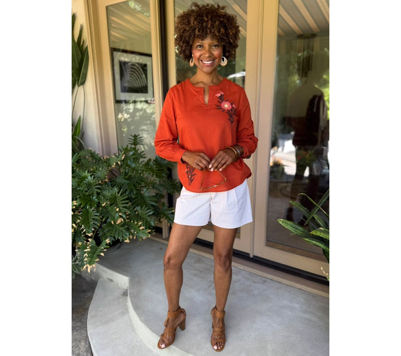 BEAUTIFUL by Lawrence Zarian 100% Cotton Applique Detail V-Neck Blouse — View 5