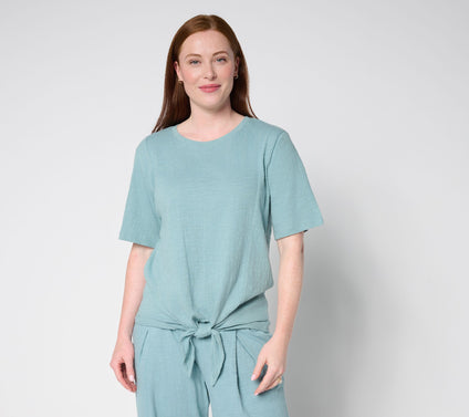 AnyBody Crinkle Knit Jersey Tie Front Tee