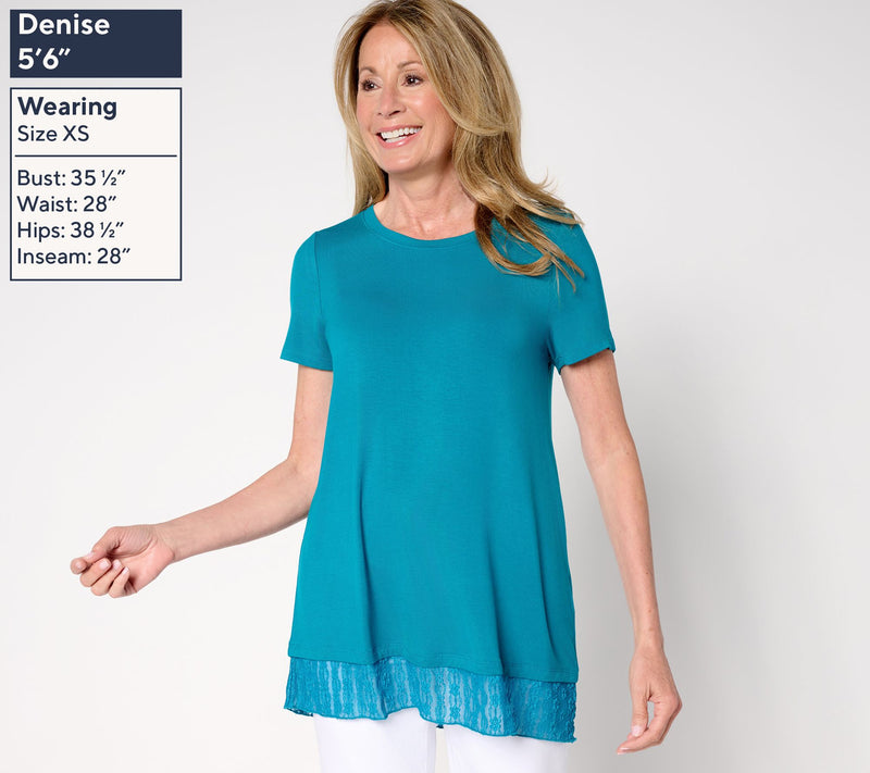 LOGO Layers by Lori Goldstein Knit Short Sleeve Top with Lace Hem — View 3