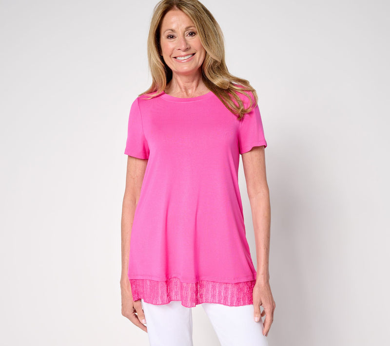 LOGO Layers by Lori Goldstein Knit Short Sleeve Top with Lace Hem — View 11