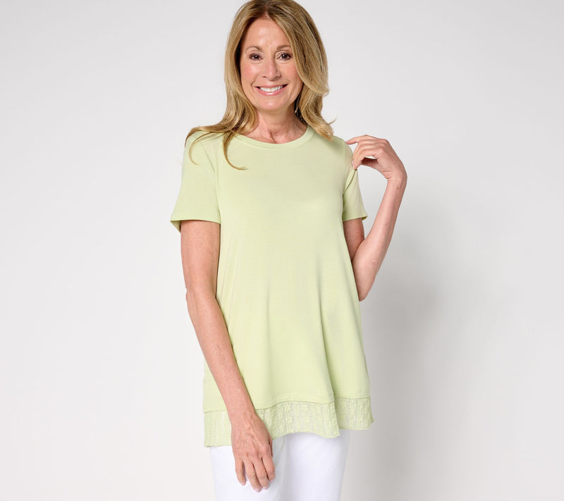 LOGO Layers by Lori Goldstein Knit Short Sleeve Top with Lace Hem — View 12