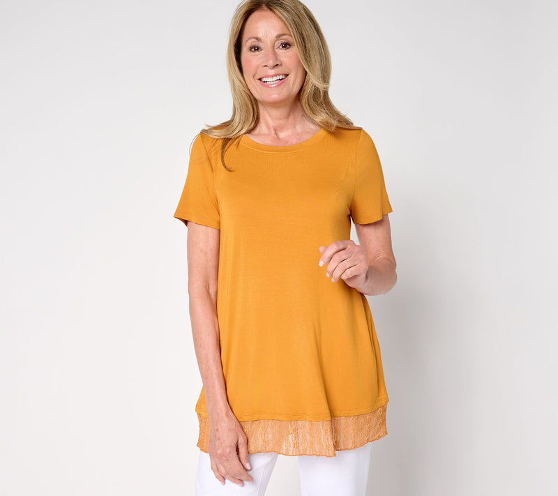 LOGO Layers by Lori Goldstein Knit Short Sleeve Top with Lace Hem — View 14