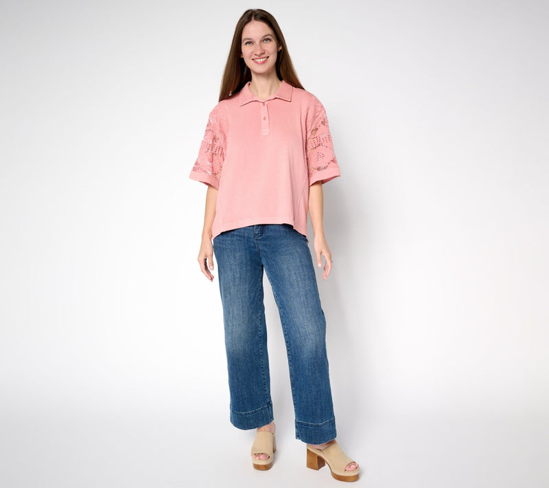 LOGO Lavish by Lori Goldstein 100% Cotton Polo Top with Lace — View 12