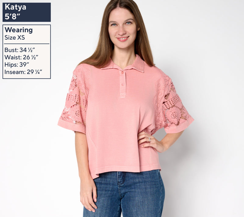 LOGO Lavish by Lori Goldstein 100% Cotton Polo Top with Lace — View 10