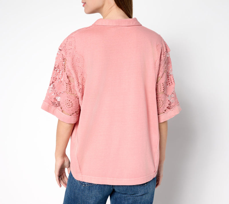 LOGO Lavish by Lori Goldstein 100% Cotton Polo Top with Lace — View 11