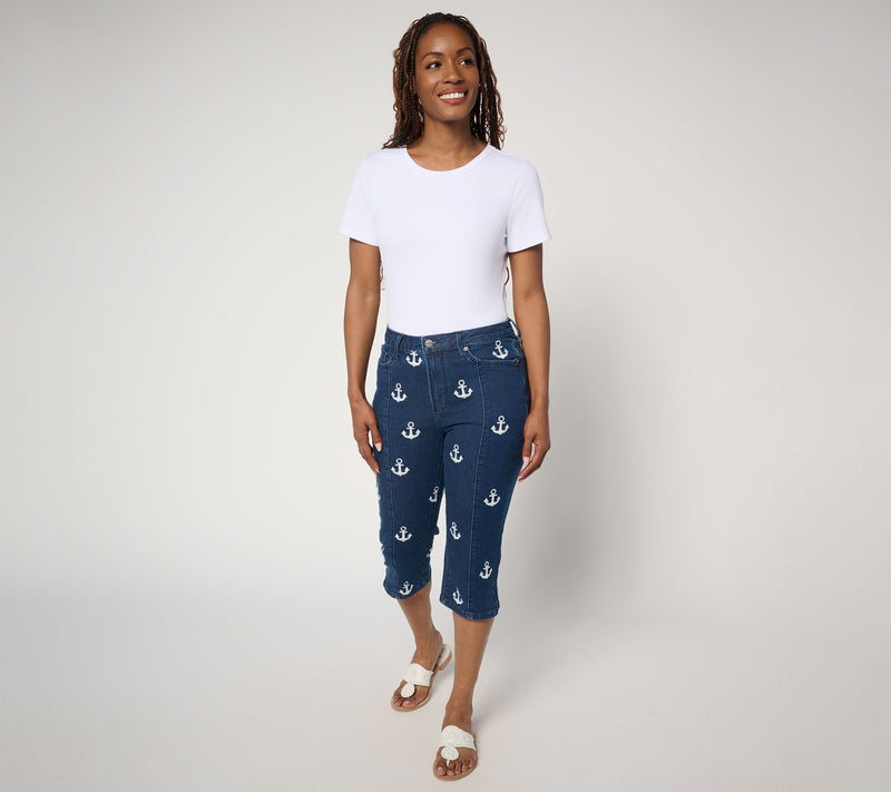 Driftwood Jeans Embroidered Clam Digger Capri - Anchors — View 5