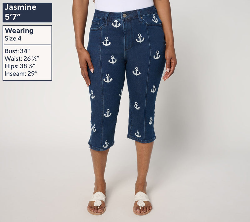 Driftwood Jeans Embroidered Clam Digger Capri - Anchors — View 3