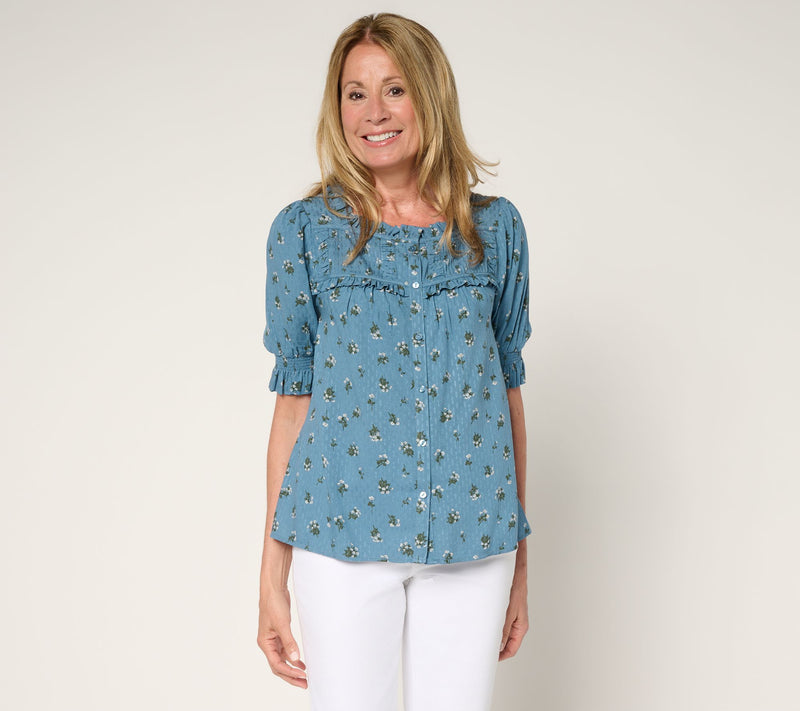 Me by Jennie Garth Marigold Printed Blouse with Puff Sleeve — Main view