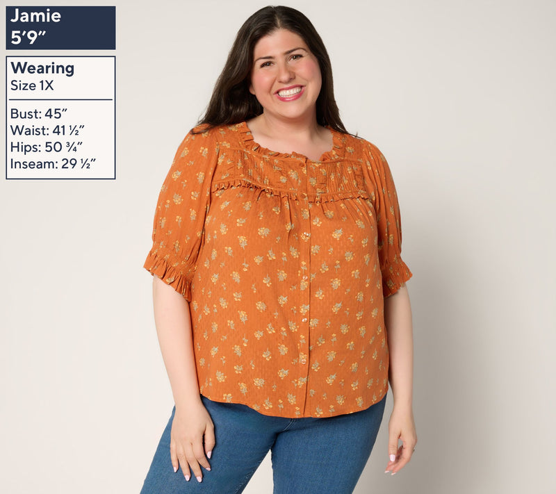 Me by Jennie Garth Marigold Printed Blouse with Puff Sleeve — View 2