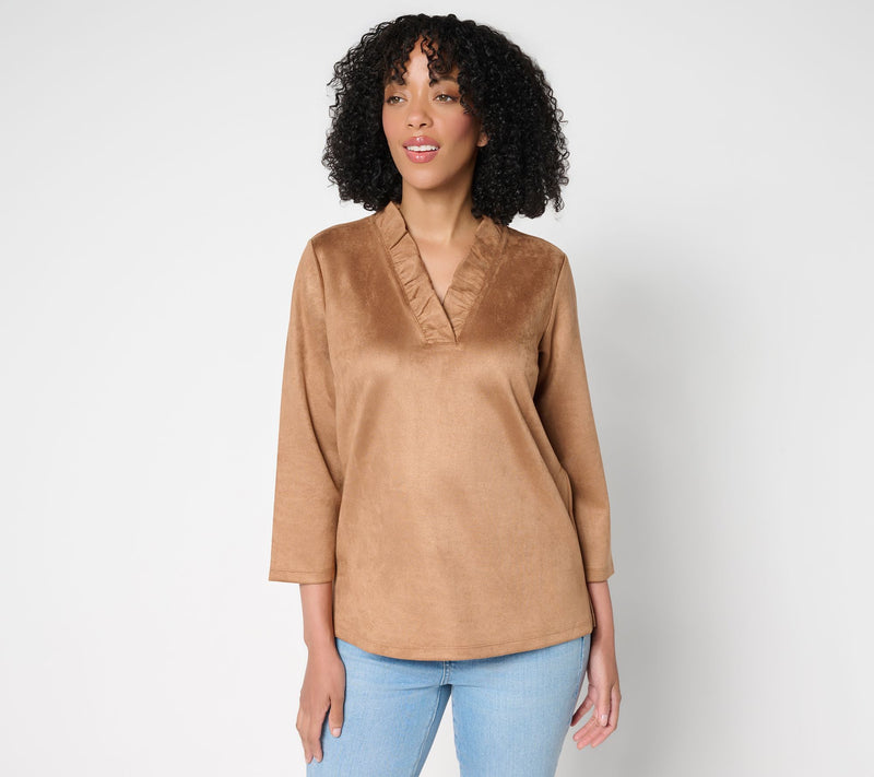 Belle Boho by Kim Gravel PerSuede Me Ruffle Collar V Neck Top — View 12