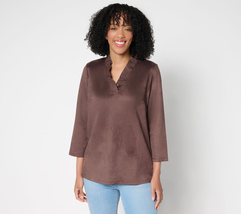 Belle Boho by Kim Gravel PerSuede Me Ruffle Collar V Neck Top — View 14