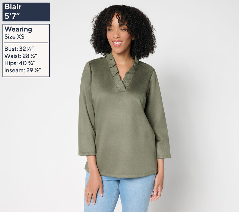 Belle Boho by Kim Gravel PerSuede Me Ruffle Collar V Neck Top — View 3