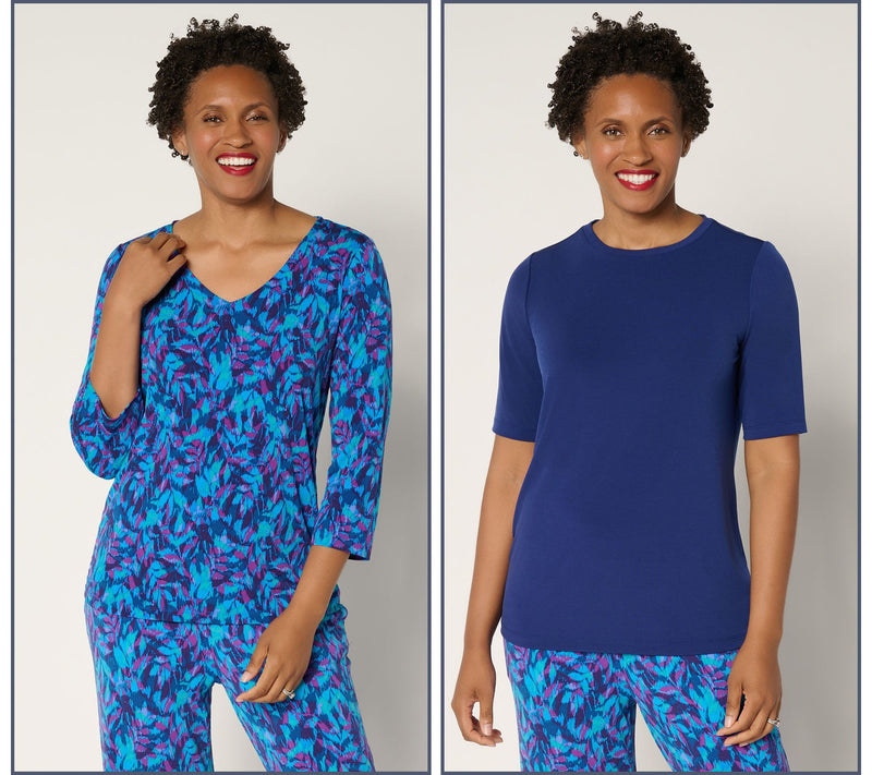Susan Graver Set of 2 Liquid Knit Print & Solid Tops — View 3