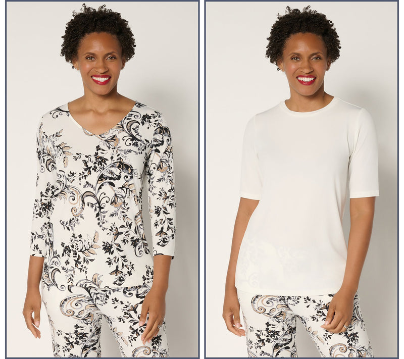 Susan Graver Set of 2 Liquid Knit Print & Solid Tops — View 9