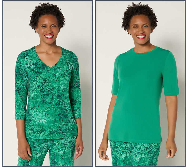 Susan Graver Set of 2 Liquid Knit Print & Solid Tops — View 5