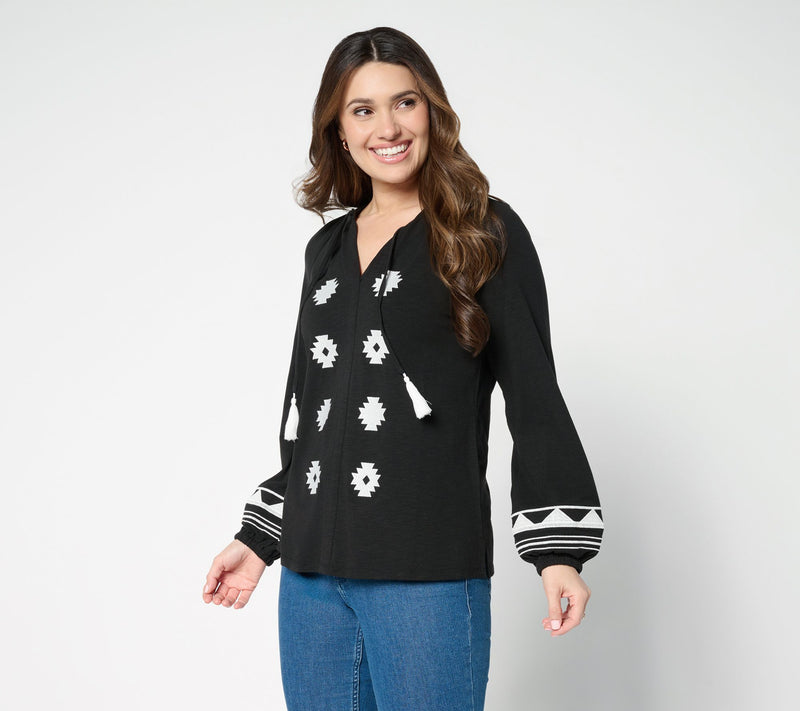 Belle Boho by Kim Gravel Slub Knit Embroidered Peasant Top — View 13